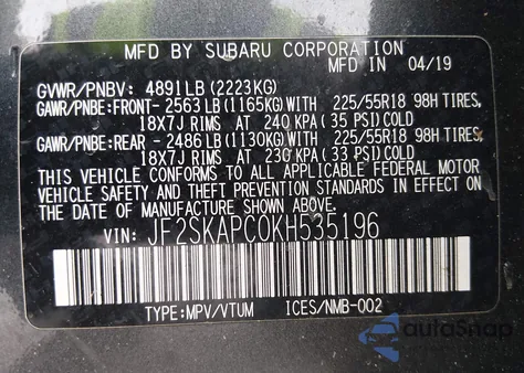 2019 Subaru Forester Sport z USA, uszkodzony, nr VIN JF2SKAPC0KH535196